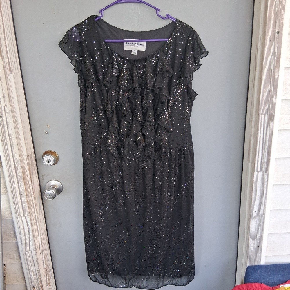 Art Deco Black Glitter Ruffle Front Cocktail Dress Size 14 Flutter Sleeve